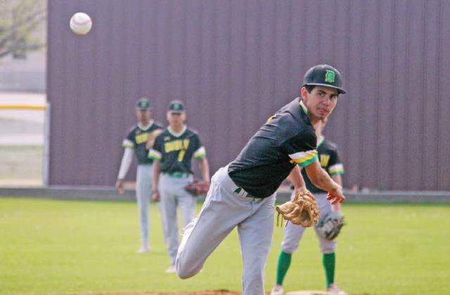 Dublin Lion Kaden Gaitan unleashes a pitch during a tournament game against Huckabay Saturday morning in DeLeon. Wyndi Veigel | Citizen staff photo