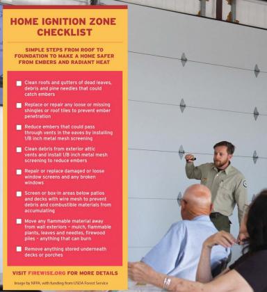 Texas A&amp;M Forest Service Wildland Urban Interface Coordinator Adam Turner led an April 26 Wildfire prevention discussion, offering tips from sources like Firewise.org, who produced the Home Ignition Zone Checklist (inset) to keep homes safer in the event of a wildfire. | Citizen staff photo and submitted infographic