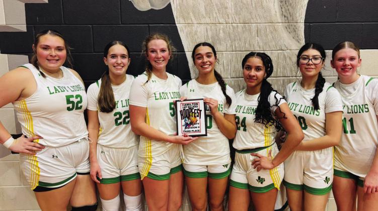 The Dublin Lady Lions claimed third place at the Hamilton Hoopfest tournament Nov. 20-22. Pictured are: #52 Bayli Jackson, #22 Regan Vanbebber, #5 Derby Kukla, #10 Olivia Salyer, #24 Adrianna Stewart, #20 Savanna Chacon, and #11 Brittney Everett. (Not pictured #13 Ismari Molina) | Submitted photo