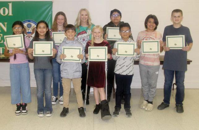 ‘Paws’itive Leaders for November and December November: Nolan Gilman and Karli Kolb (Fourth Grade), Lyla Escareno and Shmuel Sanchez Jaquez (Fifth Grade) and Jaxon Salinas and Lexi Watson (Sixth grade). December: Alaina Kelley and Allen Martinez (Fourth grade), (not present) Mason Joslin and Desirea Cisneros (Fifth grade) and Ximena Lopez (not present) and Eli Mitchell (Sixth grade). Presented by Principal Amanda Lisso.