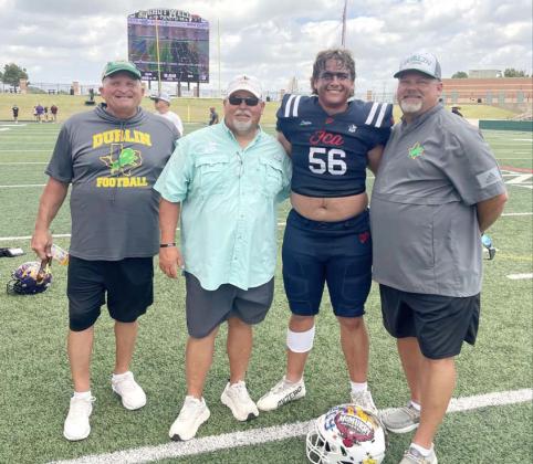 2025 Dublin High School Senior Jake Southall (posing with Dublin coaches John Ward, Bob Cervetto and Greg Hardcastle) played for the winning blue team in the Fellowship of Christian Athletes football game in Abilene. Coach Ward said the defensive end played well and that we would be missed in Dublin football. | Submitted photo