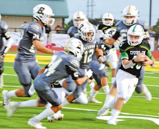 Dublin Lion Kyler Madruga veers away from Brady Bulldog defense during Friday’s homecoming loss. Madruga racked up 78 yards in rushing and carried in two touchdowns for the home team. Paul Gaudette | Citizen staff photo