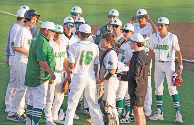 Dublin Lions baseball players and coaches gather for a huddle during a recent away game. The Lions are looking for a win this week following a 21-0 away loss to the Brock Eagles. Pitching for Dublin during the game were Cameron Patton, Alonso Moreno and Dalton Bulard. Alex Teten secured the lone hit for the Lions in the endeavor. Paul Gaudette | Citizen staff photo