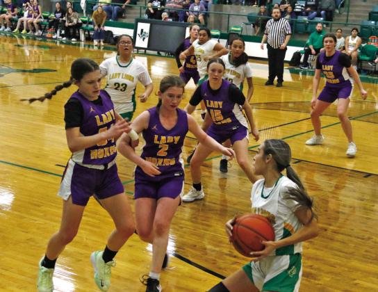 Dublin JV Lady Lions fight to get the ball around Early defense in a home game Friday, Jan. 16. The Lady Lions scrapped till the buzzer, scoring a 38-36 victory. Paul Gaudette | Citizen staff photo