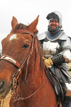 Lindley Wellmon of Heart of Texas Nature Center will be at the Heartland Renaissance Festival Feb. 15-16 and 22-23 educating about the art of falconry. Below, and left, Buster Ochoa shows proper knightly procedure in jousting. Bottom left, armored combatants battle in last year’s festival. Paul Gaudette | Citizen staff photos