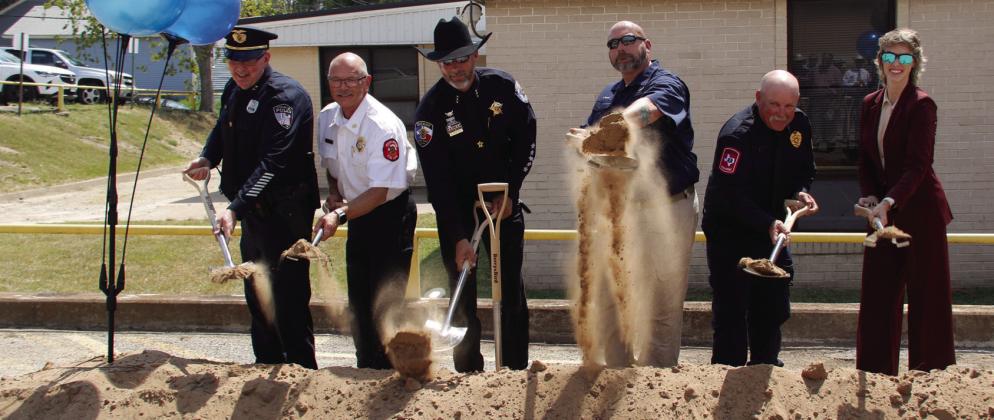 Getting the first toss of dirt at the groundbreaking is from left Stephenville Police Chief Dan Harris, Stephenville Fire Chief Robert Isbell, Sheriff Matt Coates, Emergency Services Coordinator Chris Brooks, EMS Director Cary Jackson and Communications Director Ashley Anderson. Wyndi Veigel-Gaudette | Citizen staff photo