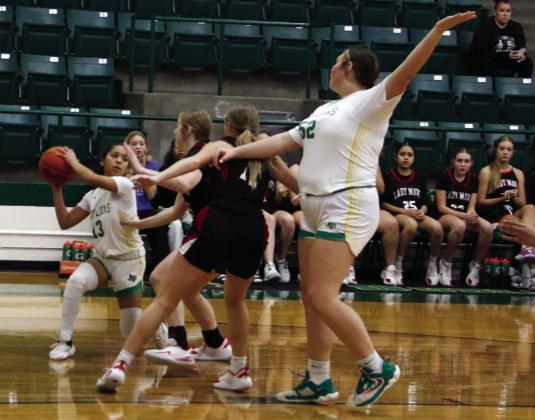 Dublin Lady Lion Ismari Molina looks past Eastland defense to teammate Bayli Jackson for a pass during a DAB tournament game Friday, Dec. 5 in the Neff Gym at Dublin Secondary School. The Lady Lions finished the tournament in third place after a 56-45 win over DeLeon. For more information, see the related story on Page A12. Paul Gaudette | Citizen staff photo