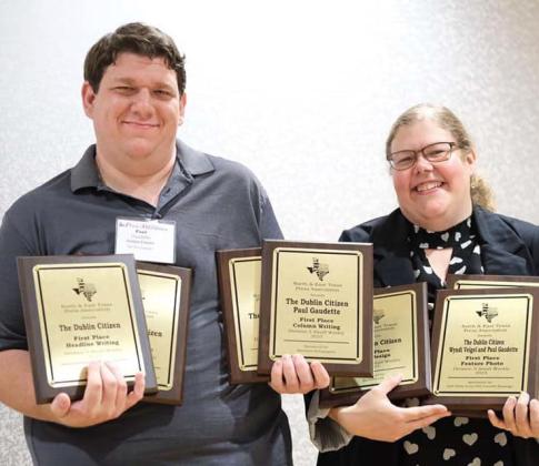 Members of The Dublin Citizen staff hold first place plaques after competing in the North and East Texas Press Association’s Better Newspaper Contest. Pictured are Managing Editor Paul Gaudette and Content Editor Wyndi Veigel. Not pictured is Publisher Brett Wesner, Business Manager Cindy Combs and Delivery Manager Deborah McClatchy. Meredith Shamburger | Courtesy photo