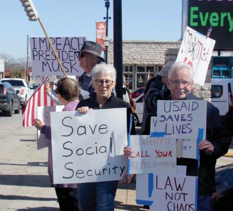 People of all ages participated in a ‘No Kings Day’ protest in downtown Stephenville Monday, Feb. 17. The protest was part of a country-wide coordinated nonpartisan protest against recent actions by Elon Musk with the Department of Government Efficiency (DOGE). Opposition to school vouchers was also part of the local protest. Wyndi Veigel-Gaudette | Citizen staff photo