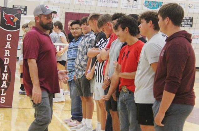 The Lingleville Lady Cardinals and Cardinals met for a friendly boys vs. girls volleyball game during Meet the Cardinals night Aug. 1. The evening also included information from coaches and the Lingleville Athletic Booster Club who served hamburgers and had merchandise on site. Paul Gaudette | Citizen staff photos