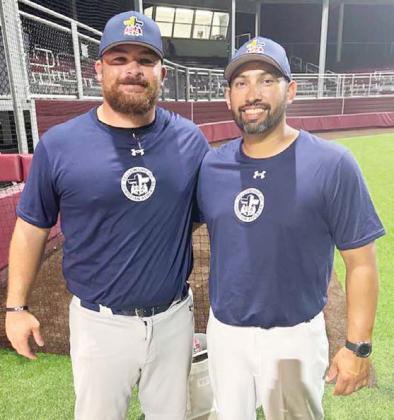 DHS Baseball Coach Andrew Norwood (above, center) was selected to coach the blue team in the Big Country Fellowship of Christian Athletes alongside his high school coach, Mario Estrada (below, right). He was able to coach former players Wyatt Jones of Goldthwaite (above, left) and Kaden Gaitan of Dublin (above, right). | submitted photoss