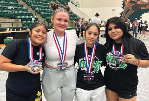 Dublin High School Powerlifters Candy Rodriguez (left), Cassidy Adair (second from left) and Joselyn Perez (right) are heading to the state powerlifting competition in Edinburg Thursday, March 13 after Rodriguez placed first in her division at Regionals and Adair and Perez placed second. Samantha Martinez (second from right) is also traveling as an alternate after placing third. | Submitted photo