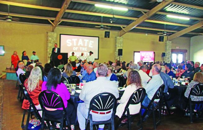 County Judge Brandon Huckabee addresses more than 250 people during the State of the County luncheon Monday, Nov. 17 hosted at City Limits by the Stephenville Chamber of Commerce. Other county leaders spoke at the event including Sheriff Matt Coates, EMS Director Cary Jackson, Precinct 1 County Commissioner Dee Stephens, County Treasurer Angie Shawver, County Clerk Gwinda Jones and Director of Land Development Jason Gardner. Wyndi Veigel-Gaudette | Citizen staff photo