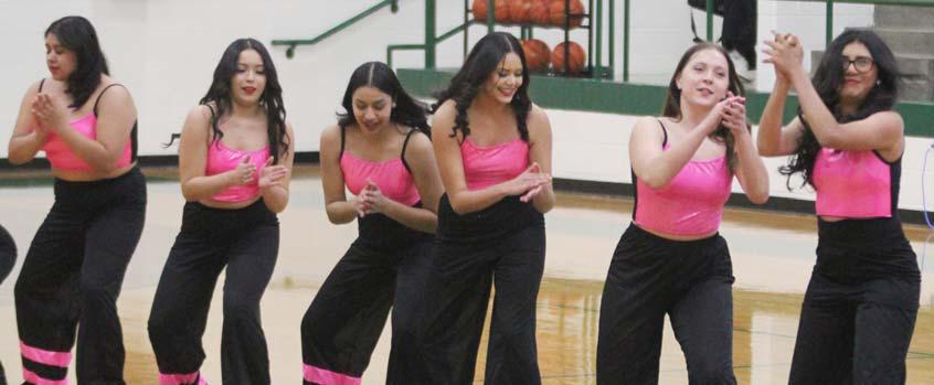 Dublin Dandi-Lions drill team members thrilled the crowds at the Jan. 7 Dublin Lions home game with a high kicking hip-hop routine at halftime. Paul Gaudette | Citizen staff photo