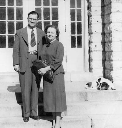W.D. Raley was superintendent of Schools in Dublin in 1949. His wife Audrey was a music and english teacher. In the background is Elmo the dog. Elmo wandered into the school one day and was adopted by all the students as their mascot. Mr. Raley had a caring heart and allowed Elmo to stay. Photo donated by Sharon Moffett | Historical Museum
