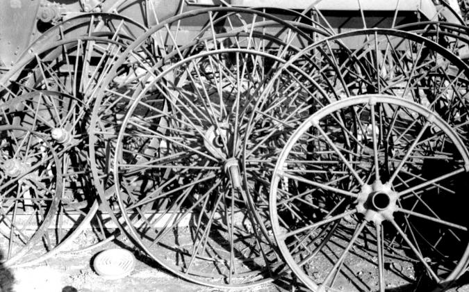 There is no telling where these farm implement wheels came from. They were part of Sam Strong’s vast collection at his junk yard on East Blackjack Street. Photo taken about 1968 courtesy of the Historical Museum. | submitted photo