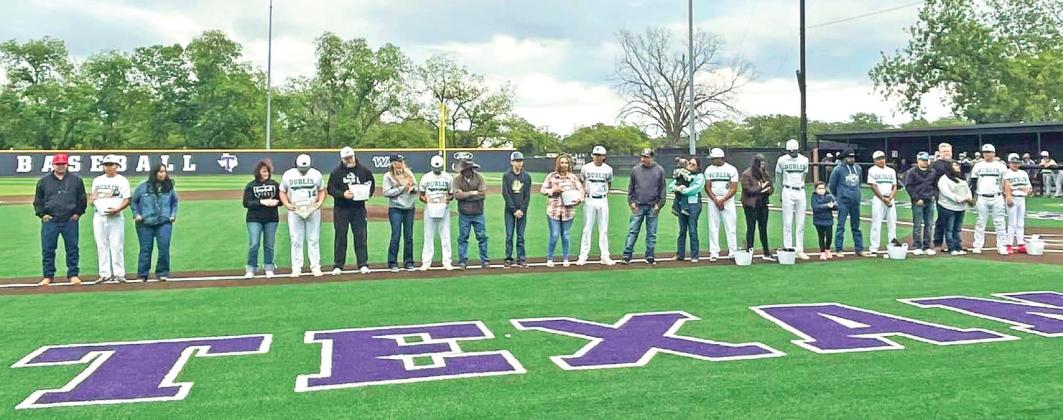 Dublin High School senior Lions were escorted by family on the Tarleton State University diamond Friday, April 28 for the last home game, which had been moved from DHS following the storms last week. Seniors honored were: Chris Teten, Cooper Pickett, Dalan Rasberry, Jose Lopez, Cesar Caldera, Jonathan Campos, John Velazquez and Juan Cardenas. Submitted photo