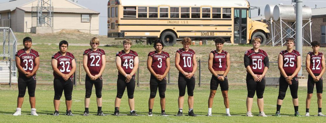 The 2022-23 Lingleville Cardinals are: No. 1 Izzy Juarez, No. 3 Leon Cruz, No. 5 Cruz Alarcon, No. 10 Klaas Schievink, No. 11 Jesse Fiscus, No. 12 Jorge Toledo, No. 17 Wyatt Ray, No. 22 Jaxson Bays, No. 25 Colton LeBlanc, No. 30 Joe Briseno, No. 32 Damian Ortuno, No. 33 Rocky Rangel, No. 48 Bryson Vann and No. 50 Xavier Figueroa.