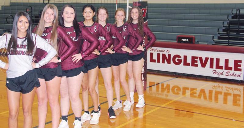 The 2022-2023 Lingleville Lady Cardinals are: No. 1 Mia Martinez, No. 5 Kenleigh Jones, No. 6 Araceli Rangel, No. 11 Brena Gage, No. 12 Madison Howle, No. 16 Emma Hudson and No. 24 Kaitlyn Gordon.