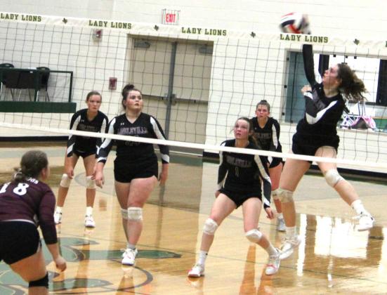 The Lingleville Lady Cardinals ended their season as undefeated District Champions in the Area Championships as they fell to the Zephyr Bulldogs in three sets. At right, Emma Hudson springs up to return the ball in the Nov. 4 game at Dublin Secondary School. Paul Gaudette | Citizen staff photo