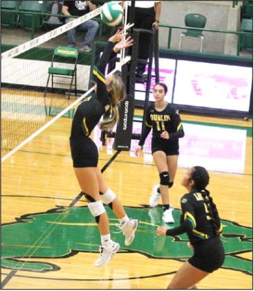 Dublin Lady Lion Bailey Watson springs up to return the ball to Millsap as they hosted the Bulldogs in a Sept. 19 battle at Roy and Lynn Neff Gym at Dublin Secondary School. Teammates Olivia Salyer and Ingrid Hernandez stand ready to assist. Below, Madison Turley rears back to serve the ball. Paul Gaudette | Citizen staff photo