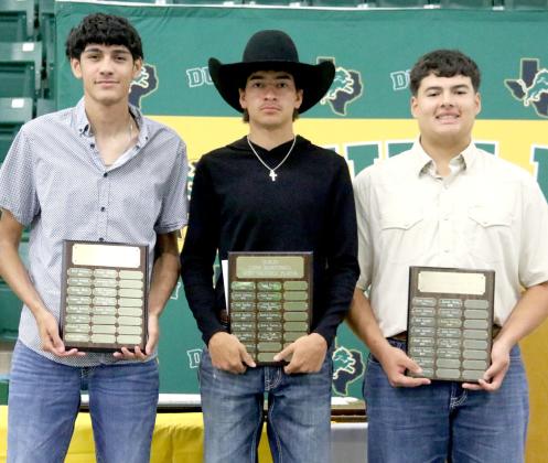 Boys Basketball Best Defensive Player Jayden DeLeon, Most Valuable Player Alex Teten (and Hunter Jones, not pictured) and Best Offensive Player Joe Salinas