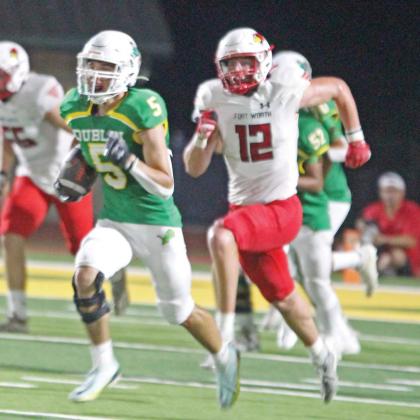 Aidan Hernandez flees Fort Worth Christian opposition to score the first TD of the 2023 season in a 95-yard fumble recovery during the Thursday night season opener on the Dublin Secondary Bob &amp;amp; Norma Cervetto Field. Paul Gaudette | Citizen staff photo