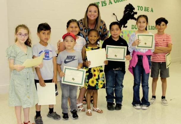 Lion Leaders Emiliano Chacon and Sasha Reed(Pre-K), Kynzli Jeffrey and Jesse Malson-Steen (not present) ( Kindergarten), Azalea Holguin and Bryan Luna (1st Grade), Alexander Calderon and Bella Keith (2nd Grade) and Joaquin Cervantes and Aliana Kelley (3rd grade). Presented by Principal Kalley Mitchell.