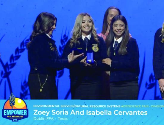 From top left, Zoey Soria and Isabella Cervantes earned 3rd in the nation in the environmental and natural resources division at the 98th National FFA Convention in the National Agriscience Fair in Indianapolis, Indiana. They received a $500 scholarship. Paul Adams earned 4th in the nation in Plant Science Division 3 and was selected to present his project in front of a crowd of 50,000. Senior David Greene earned 8th in the nation in environmental and natural resources Div. 5. Courtesy photo