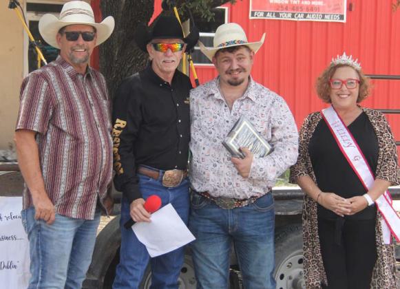 Honorees during the Dublin Rodeo Heritage Museum Day of the Cowboy Event included: (above, with plaque) Bryce Barton; (below, left) Chino Rodriguez; (below, middle) TJ “Stubby” Maughn; and the Huckabay High School rodeo team, represented by Kenli Roberson, Caylie Handgis and Kreece Smith. Paul Gaudette | Citizen staff photo