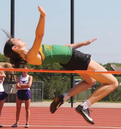 Jaclyn Gibson (above) and Elijah Gonzales (below) both took fifth place in the womens and mens varsity high jump contests at the district track meet at Dublin last week. Wyndi Veigel | Citizen staff photo