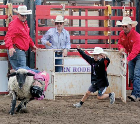 Kids of all ages hop onto sheep during the mutton bustin’ preceding the Dublin Rodeo Saturday, Aug. 17. Shaylnn hangs on tight as she rides the ‘buckin’ sheep. A rodeo clown in training assists her with the dismount after her ride is complete. For more photos see the Dublin Citizen Facebook page. Wyndi Veigel-Gaudette | Citizen staff photos