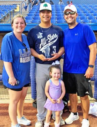 2023 Dublin High School Graduate Chris Teten was named most valuable player of the Big Country FCA All-star baseball game held Friday in San Angelo. Teten (center) poses with former DHS baseball coach Brennan Harris and family. Submitted photo