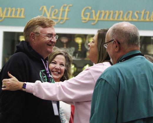 Dublin ISD Superintendent Melissa Summers exchanges a hug and well-wishes to long time ag teacher Darren Price who is now retired. Paul Gaudette | Citizen staff photo