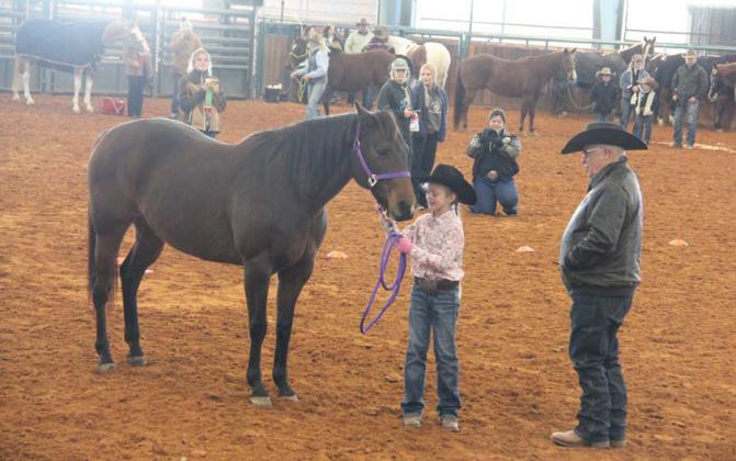Above left, Junior Board members for the Erath County Junior Livestock Show were presented buckles for all their help. Members include Henley Ballinger, Addie Ketchum, Presley Koho, Shayla Mader, Lexi Nelms and Kenli Roberson. Above, participants in the horse show battle cold temps Saturday, Jan. 6 at the new Tarleton Rodeo Arena. The show boasted high participation this year with a wide variety of horses. Paul Gaudette | Citizen staff photos