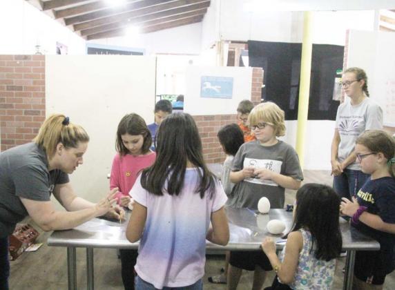 Little Authors-Dublin owner Chelle Dummar (above) explains to writing camp participants how to uncover their fossils from a dinosaur egg. Olivia Perez (below, left) embraces her inner artist and completes a painting on canvas. Liam Gill (below, right) uncovers a dinosaur from an egg along with its fossil at a Little Authors workshop. Chelle Dummar | submitted photo