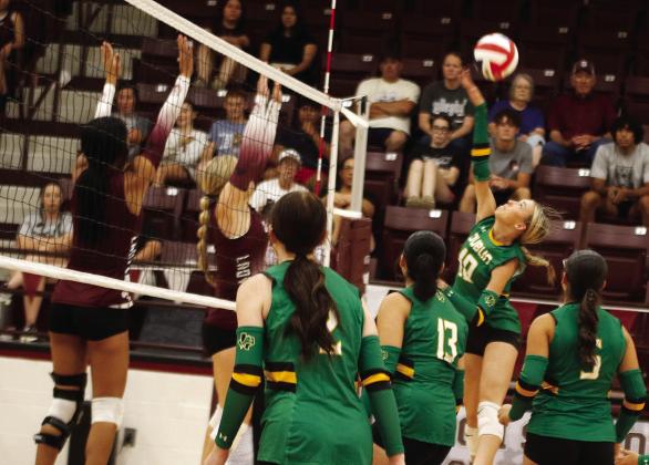 Dublin Lady Lion Tylor Nail shoots up to return the ball during the Saturday Sept. 5 away game against DeLeon, and teammates stand by in case they need to assist. Paul Gaudette | Citizen staff photo