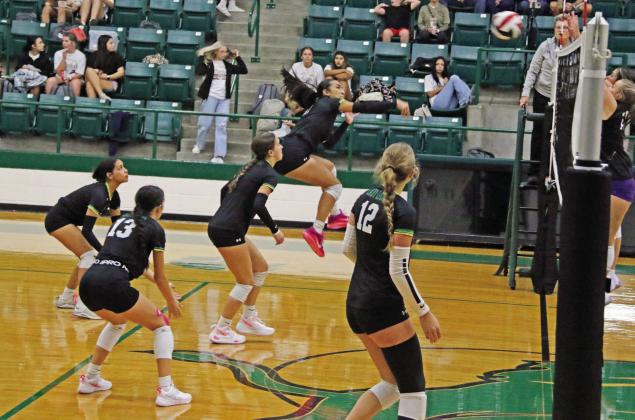 Dublin Lady Lion Ingrid Hernandez springs up to return the ball to Early during a Sept. 30 home game in the Neff gym while teammates stand at the ready. Paul Gaudette | Citizen staff photo
