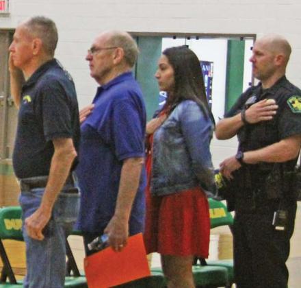 Paul Gaudette | Citizen staff photos Dublin cheerleaders lead veterans (above, left to right) Jim Pack, Wayne Johnson, Crystal Moreno and Jacob Carpenter into the Neff Gym for a Veterans Day Program Nov. 11.
