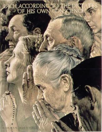 Four freedoms painted by Norman Rockwell (from left, Freedom from Fear, Freedom from Want, Freedom of Speech and Freedom of Worship) showcase Franklin Delano Roosevelt’s Declaration of Human Rights adopted by the United Nations in 1948. The four freedoms were painted by Rockwell in 1943. Public domain submitted photos