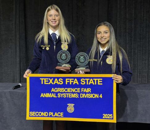 Brittney Everett and Jocelyn (JJ) Perez received reserve champions at state competition for Agriscience Fair Animal Systems, Division 4. Courtesy photo