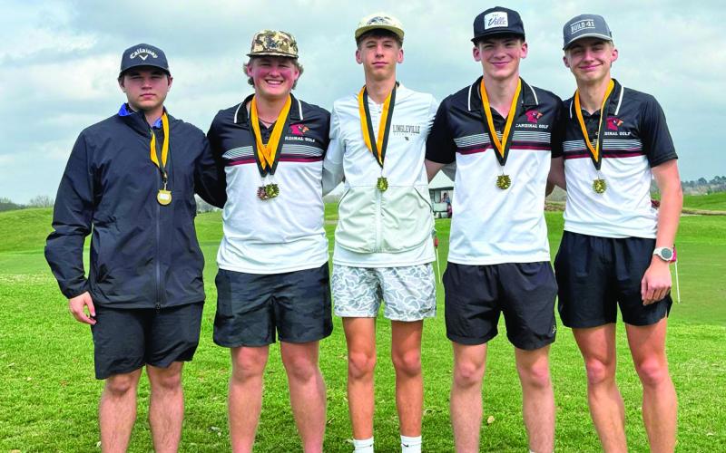 The Lingleville Cardinals took gold as a team Tuesday, March 10 at the Iredell Invitational on the Squaw Valley Lakes golf course. The finish came thanks to its top 4 finishers: Brody Hurt (3rd place individual with 85 strokes), Tate Jones (4th place individual with 86), Garrett Hurt (7th place individual with 88) and Grayson Stewart (8th place individual with 91). Cutter Sanders also placed 11th with 97. | Submitted photo