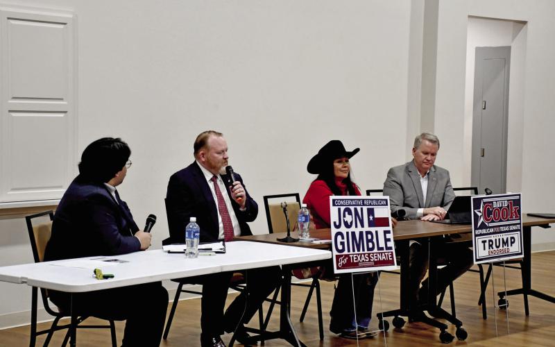 Republican Senate District 22 candidates participate in a forum hosted by the Erath County Republican Party Wednesday, Feb. 11. From left to right are moderator Jorge Moreno and Senate candidates Jon Gimble, Rena Schroeder and David Cook. Colton Bradberry | Citizen staff photo