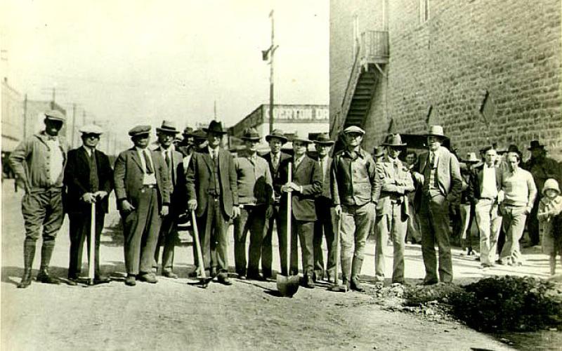 The city fathers gathered to celebrate the laying of gas pipes in town. The photograph took place on Blackjack Street just west of Patrick. Left to right in the picture are: Engineer Tom Patton, Engineer D.W. Sheehan, Fire Chief W.P. Hallmark, Alderman C.S. Bowden, Alderman F.L. Jackson, Mayor E.C. Fewell, Alderman W.P. Warren, Alderman E.H. Blain, Alderman C.E. Leatherwood, City Secretary D.N. Kiker, Alderman J.P. Barber, Dr. Frank Bryan and J.S. Daley. Photo courtesy of the Ralph Rogers Collection