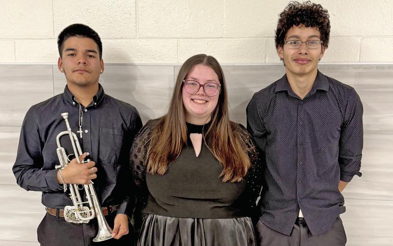 Cathryn Smith | Submitted photo Senior David Nava, Senior Morgan Keith and Junior Miguel Corrales performed in a trumpet trio and earned a superior rating on their ensemble at UIL Solo and Ensemble Saturday, Feb. 21 and will advance to state.