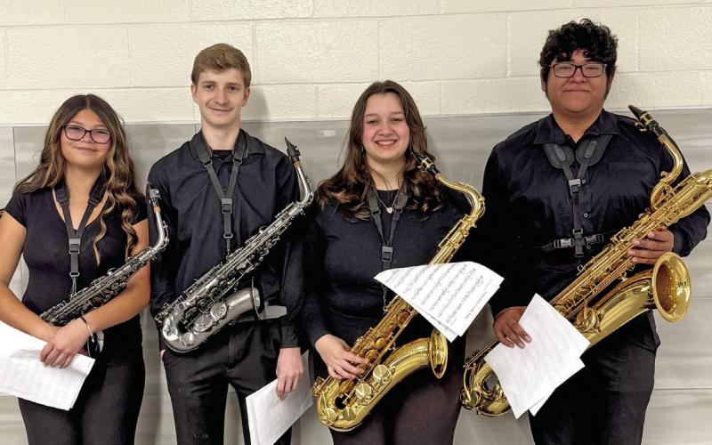 Cathryn Smith | Submitted photo Junior Jayden Rojas, Sophomores Colbyn Wiley and Keighly Lewis and Freshman Kimila Gonzalez performed in a saxophone quartet and earned a superior rating on their ensemble and will advance to state.