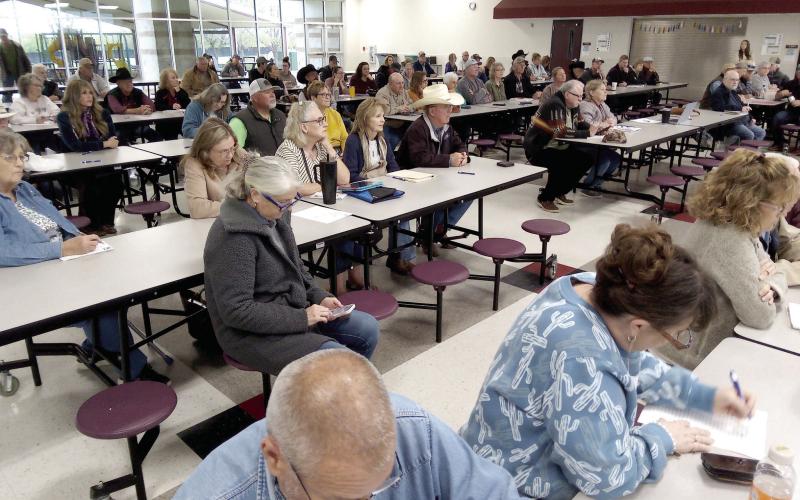 A crowd of people gathers for a meeting Saturday, March 28 discussing the next steps to stop the KV765 Transmission line project. Ben Pate | Submitted photo