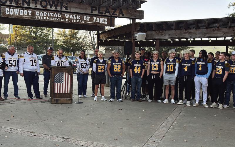 Stephenville City Council, Mayor and city staff donned Stephenville football jerseys Tuesday, Feb. 3 in support of the state winning Stephenville Yellowjackets Football Team. A proclamation was read and signed in honor of the team’s success. Courtesy photo
