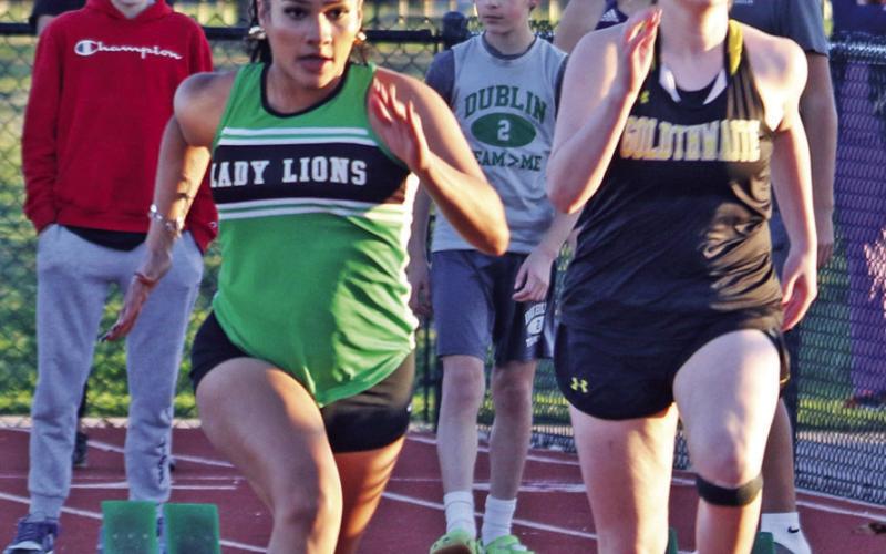 Dublin JV Lady Lion Adriana Stewart races to a first place finish in the 100 meter dash at the Dublin Invitational Track Meet Thursday, March 12. Paul Gaudette | Citizen staff photo