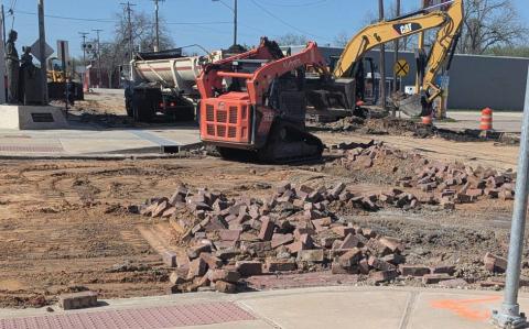 TxDot crews began a year and a half long project on Patrick Street to remove historical Thurber bricks from underneath the roadway to help with stabilization. They will then reconstruct the road including curbs and gutters with new pavement. Paul Gaudette | Citizen staff photo